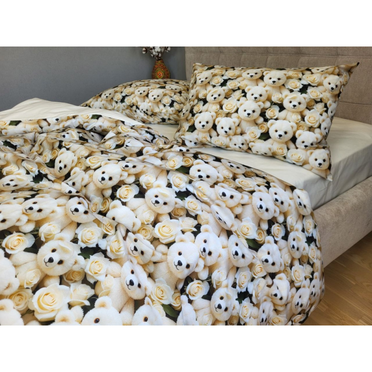 Бавовняна постіль cotton 5D Ведмедик із Трояндою
